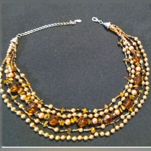Vintage Necklace Multi-Strand Necklace Rose Gold Faux Pearls Umber Stones Beads